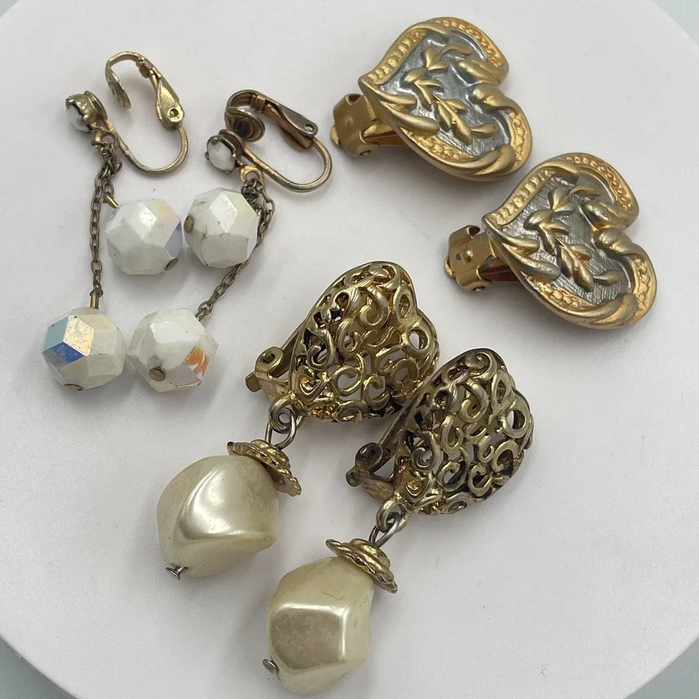 Vintage Estate Clip-On Earring Lot Mixed Style Dangle Faux Pearl Heart 3 Pairs